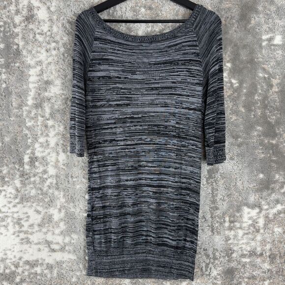 Dynamite Size M Striped Boat Neck Mini Sweater Dress Gray Pockets 3/4 Sleeve - Picture 3 of 8